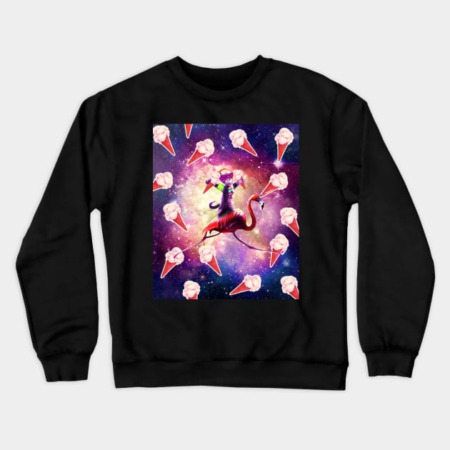 Rave Space Cat On Flamingo Unicorn - Ice Cream Crewneck Sweatshirt by Random Galaxy